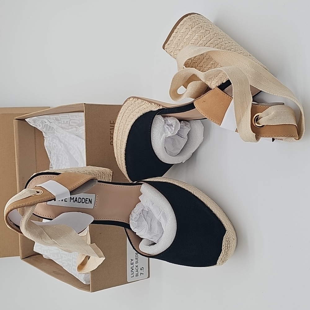 Steve Madden LUVLEY Black Suede Espadrille Platform Ankle-Tie Heels - Picture 4 of 8